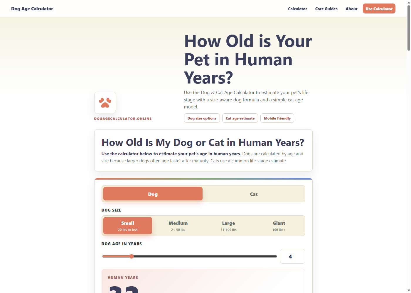 Dog Age Calculator homepage screenshot